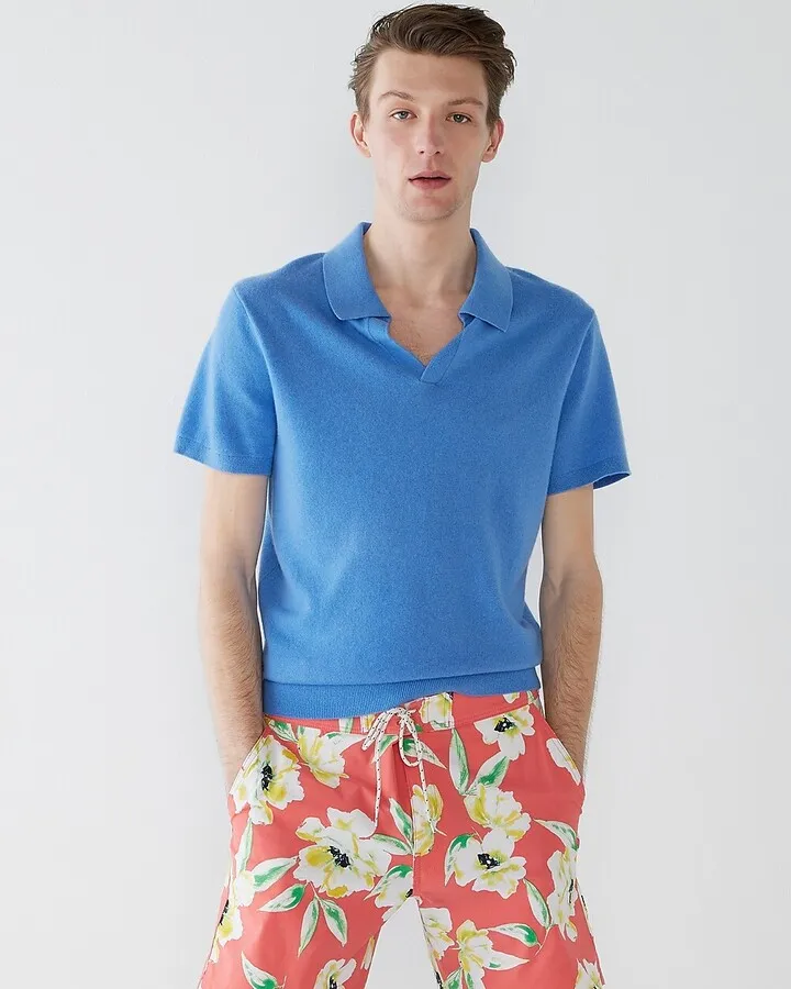 Cashmere short-sleeve johnny-collar sweater-polo