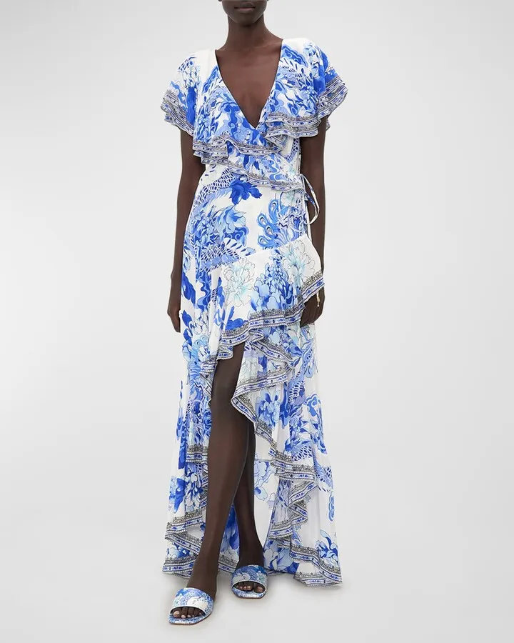 Heart Of A Dragon Frill-Sleeve Long Silk Dress