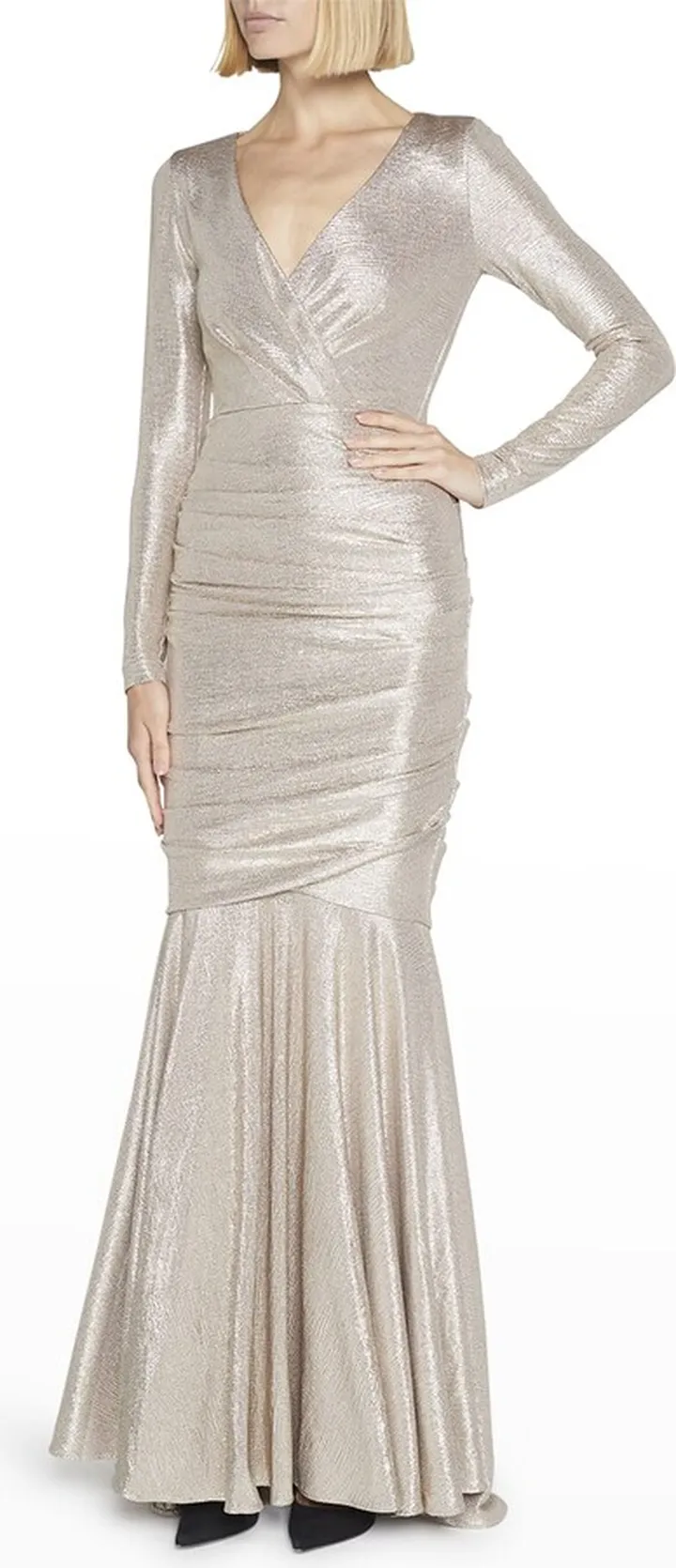 Mirrorball Long-Sleeve Draped Mermaid Gown