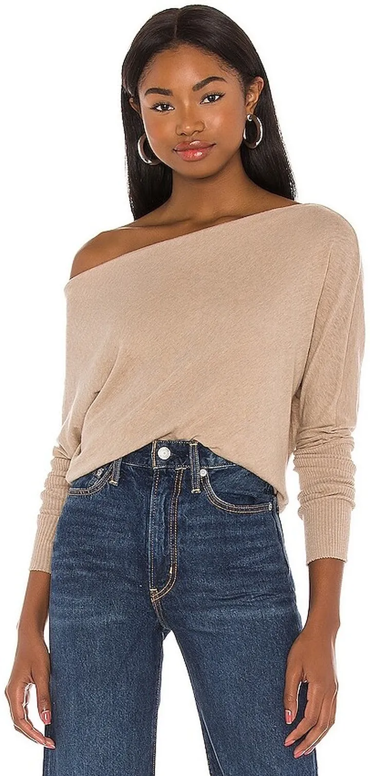 Cashmere Cuffed Off Shoulder Long Sleeve Top