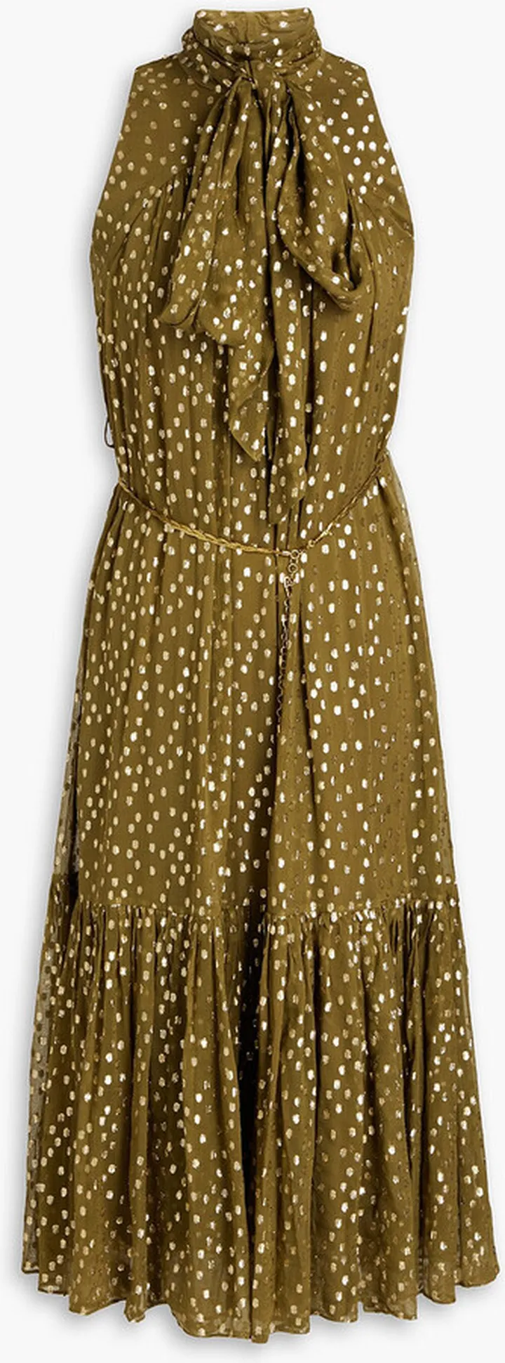 Pussy-bow metallic fil coupé silk-blend crepon midi dress