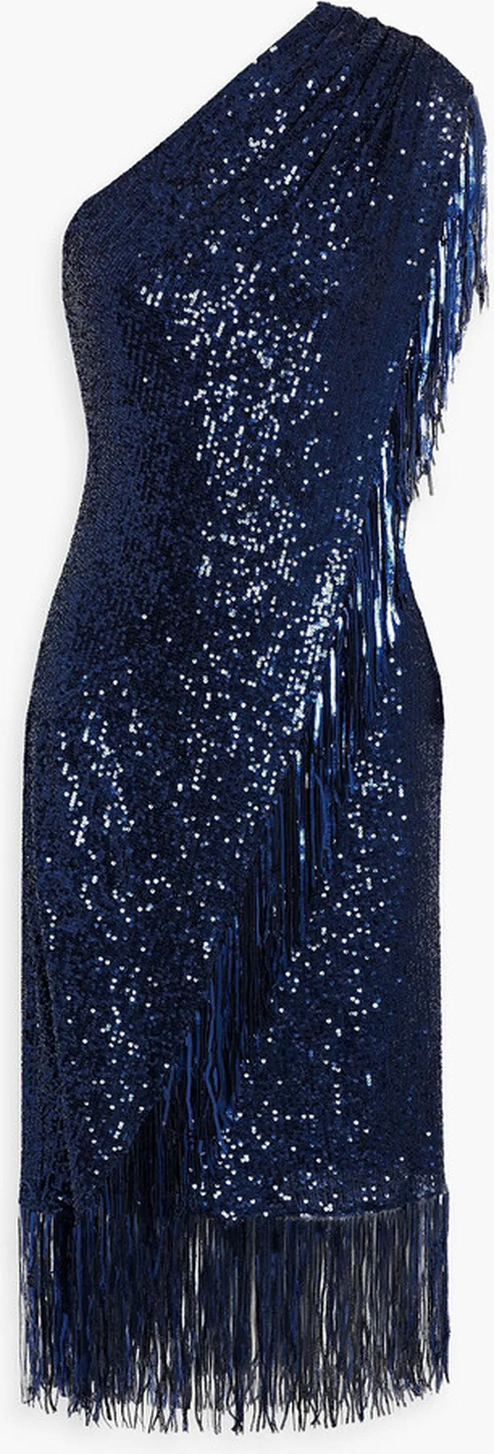 One-shoulder wrap-effect sequined mesh midi dress