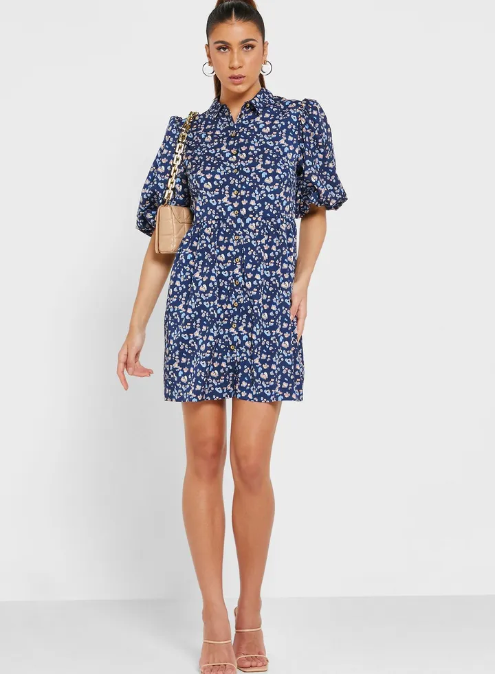 Balloon Sleeve Floral Print Dress