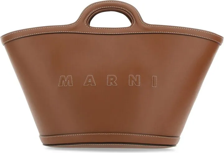 Handbag realized in smooth bovine leather characterized by contrasting embroidered logo at the front.