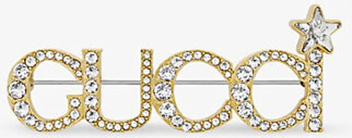 Womens Yellow Gold Logo Crystal-embellished Brass Brooch