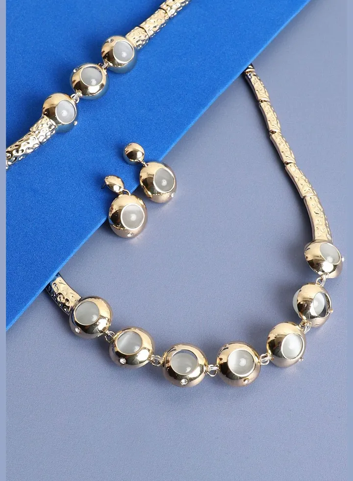 Gold Plated Designer Stone Necklace, Earring, Ring and Bracelet Set