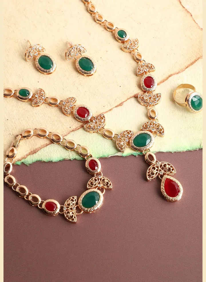Gold Plated Designer Stone Necklace, Earring, Ring and Bracelet Set