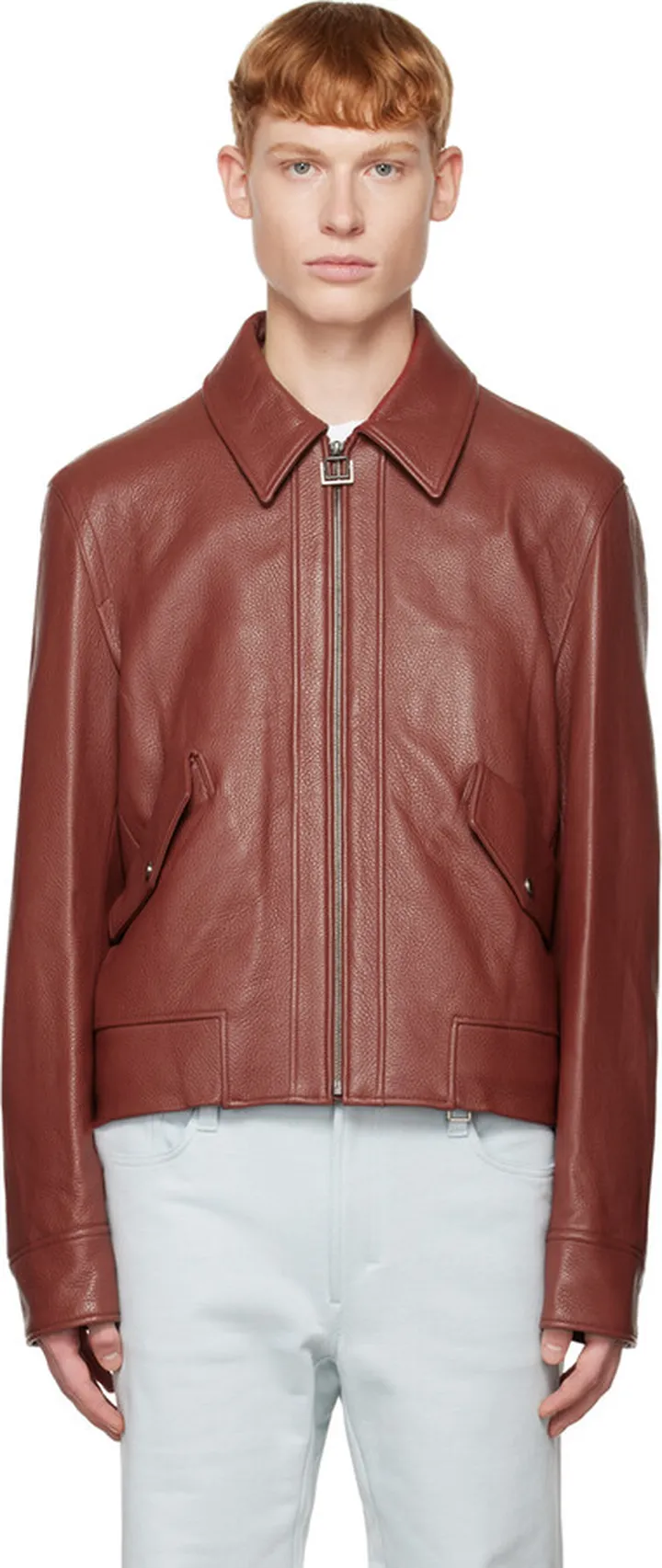 Wooyoungmi Red Spread Collar Leather Jacket