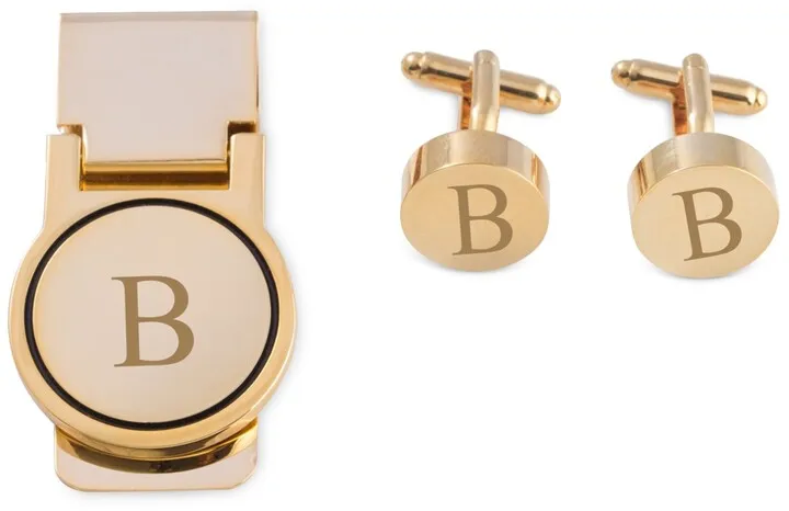 Bey-Berk Men's Gold-Tone Monogrammed Cuff Links & Money Clip Set