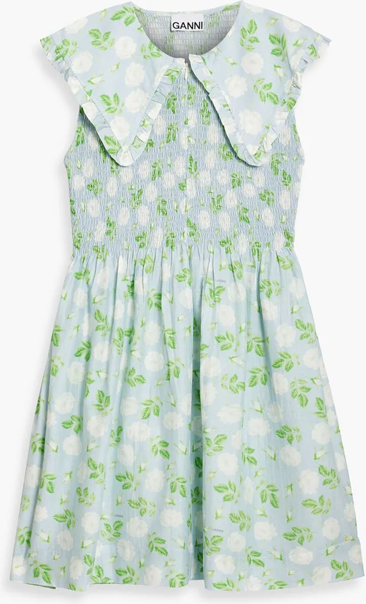 Shirred floral-print cotton and silk-blend mini dress