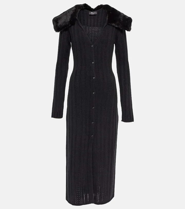Faux fur-trimmed wool-blend dress