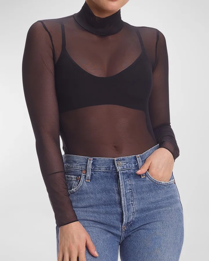 Mesh Long-Sleeve Turtleneck Top