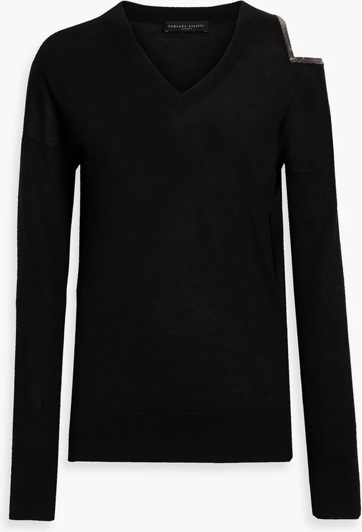 Bead-embellished cutout cashmere and silk-blend sweater