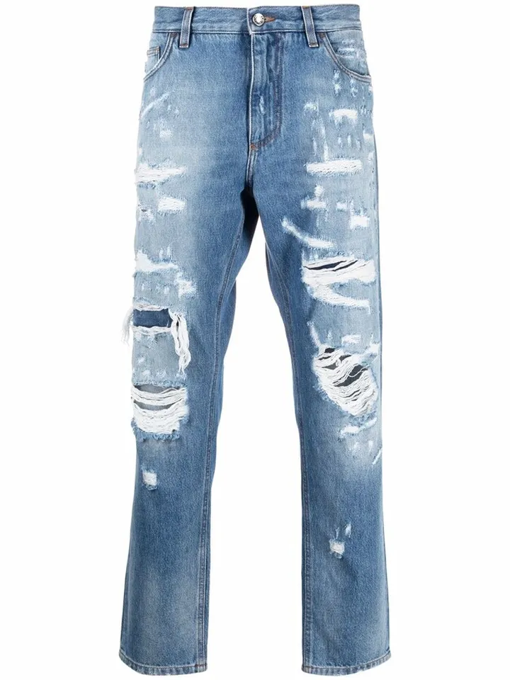Distressed Straight-Leg Jeans