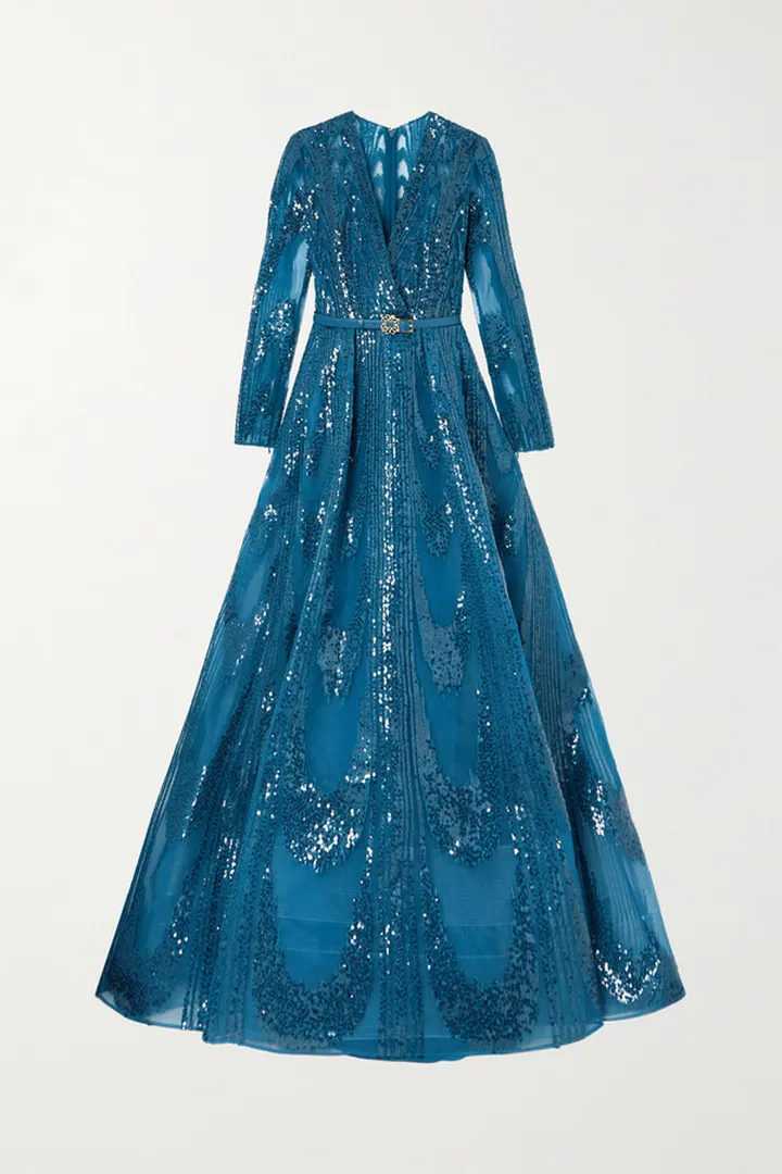 Elie Saab - Belted Sequined Tulle Gown - Blue