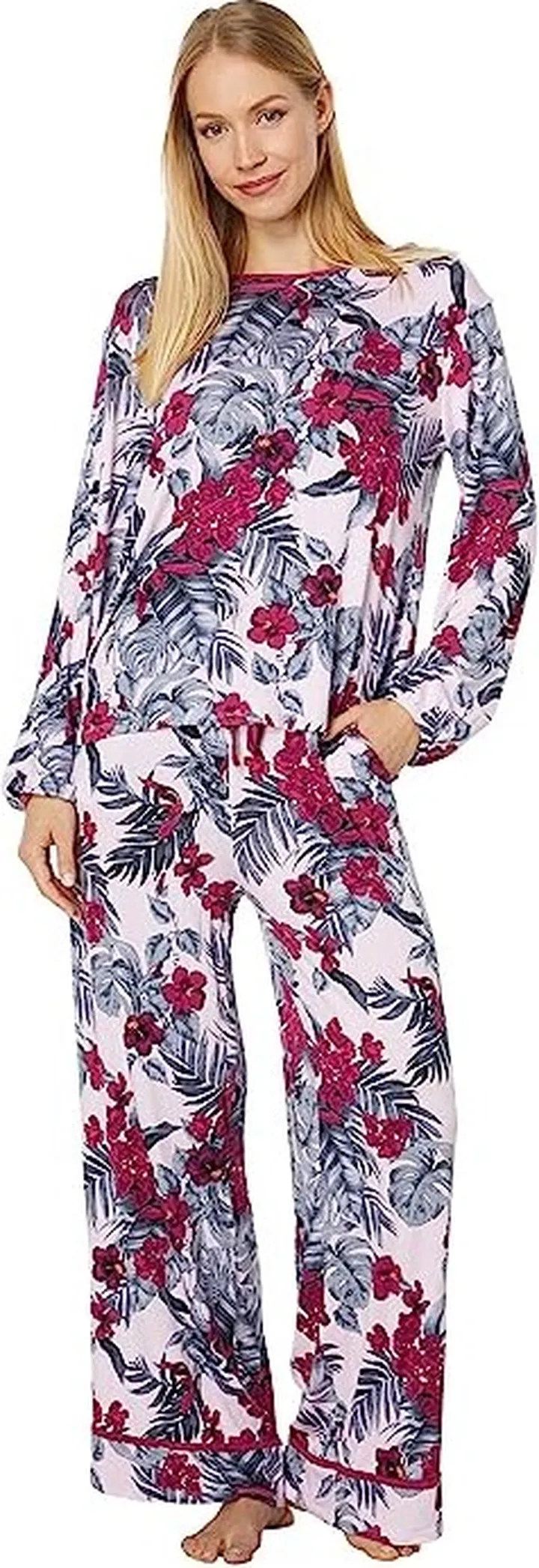 Tommy Bahama Long Sleeve Crop Pants PJ Set (Pink Floral) Women's Pajama Sets