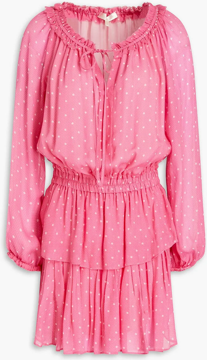 Popover gathered polka-dot chiffon mini dress