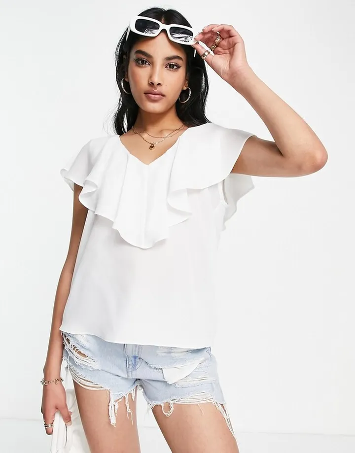 ASOS DESIGN frill neck blouse in ivory