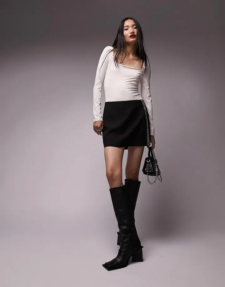 Topshop square neck long sleeve bodysuit in ivory