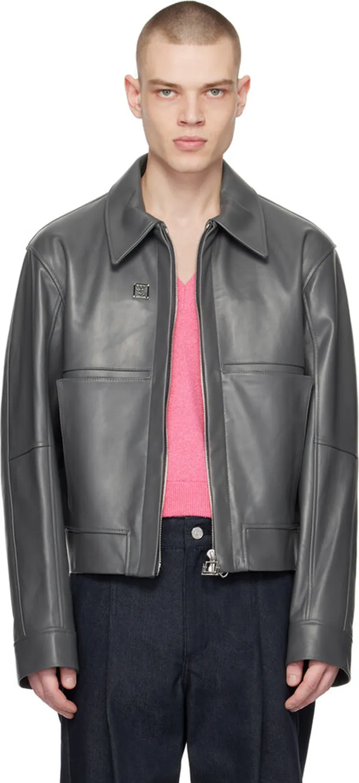 Wooyoungmi Gray Cropped Leather Jacket