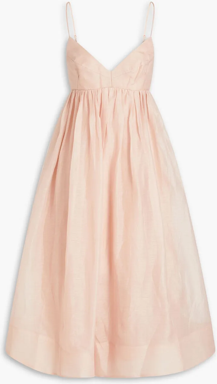 Gathered linen and silk-blend gauze midi dress
