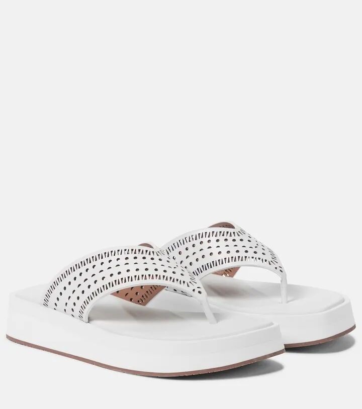 Laser-cut leather thong sandals