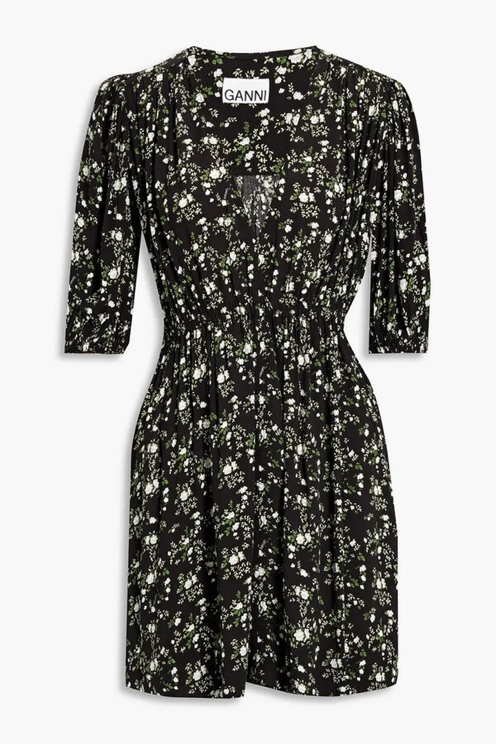 Gathered floral-print crepe mini dress