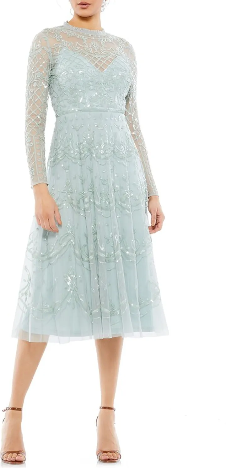 Sequin Long Sleeve Mesh Cocktail Dress