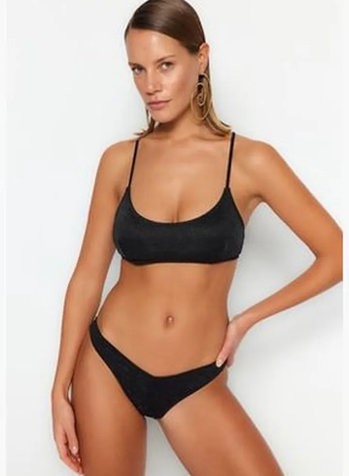 Black V-Cut Glittery High Leg Bikini Bottoms TBESS23BA00242