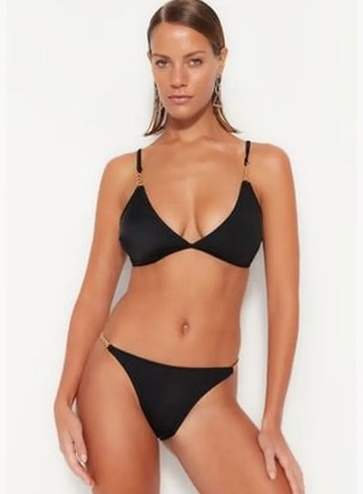 Black Bikini Bottoms With Chain Accessories, Regular Leg TBESS23BA00023