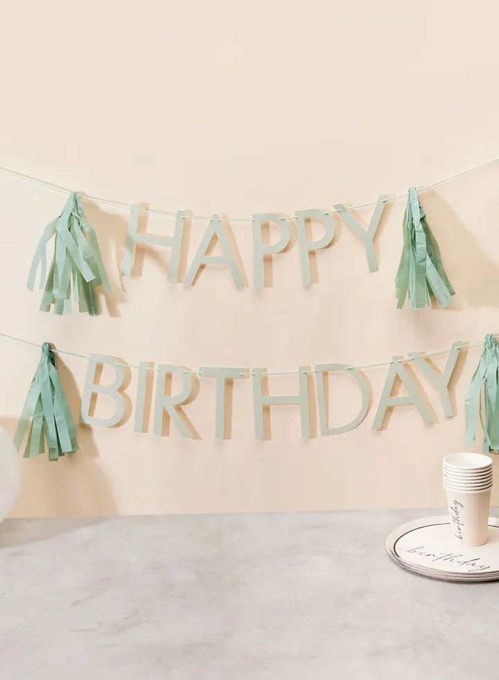 Bunting - Eco Sage Green Happy Birthday Bunting - With Sage Tassels