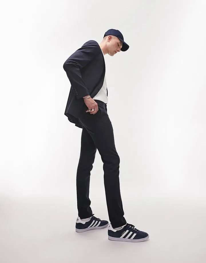 Topman stretch slim textured suit pants in navy