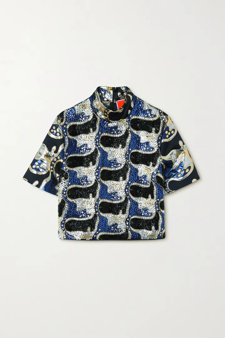 La DoubleJ - Juliet Sequined Crepe And Brocade Turtleneck Top - Blue