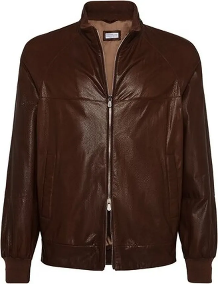 Perforated nappa leather bomber jacket