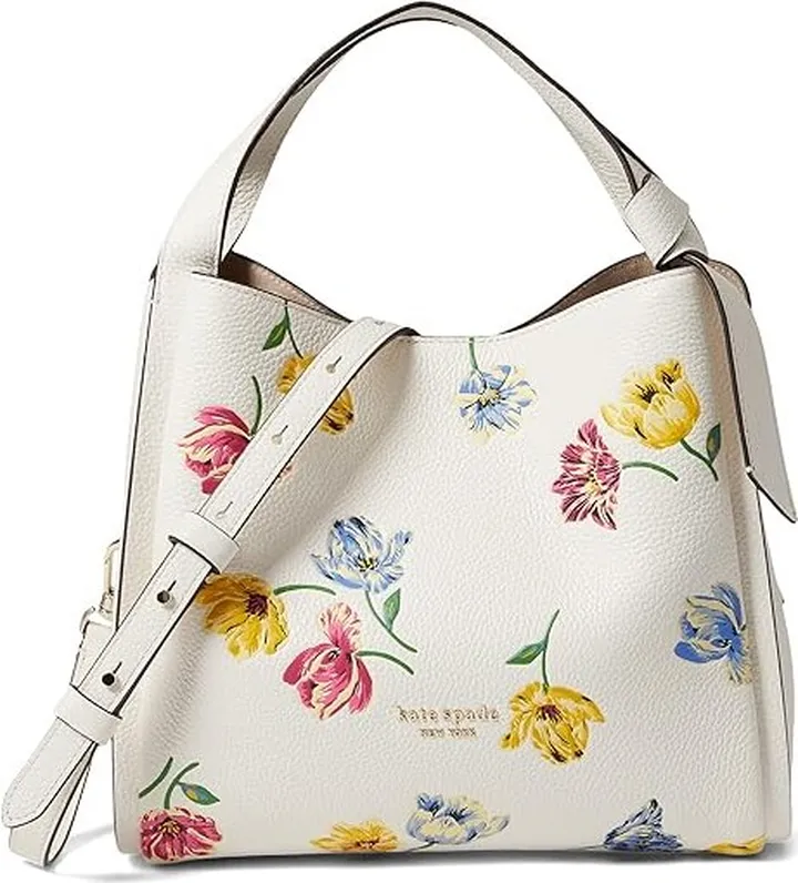 Kate Spade New York Knott Tulip Toss Embossed Pebbled Leather Medium Crossbody Tote (Cream Multi) Handbags