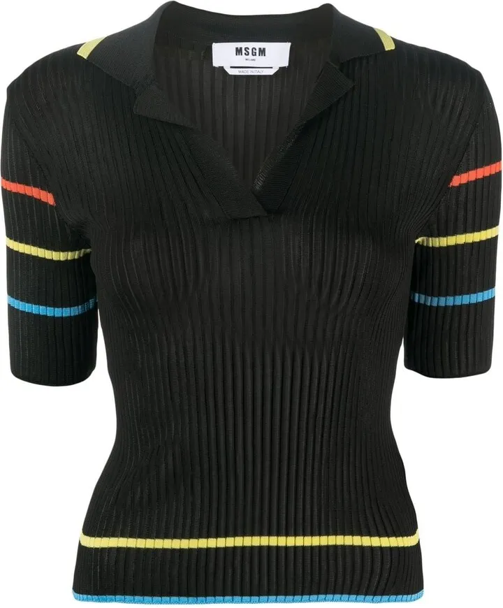 Stripe-Print Ribbed Polo Top