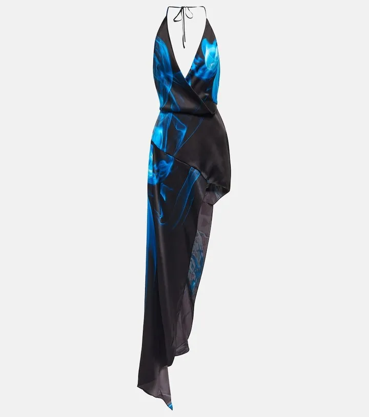 Asymmetric printed satin midi dress