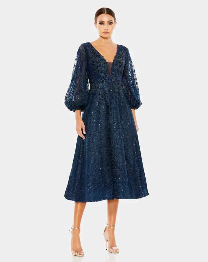 Embellished Plunge Neck Bishop Sleeve Dress