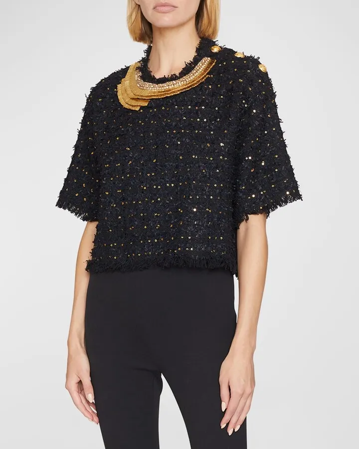 Crystal Embroidered Paillette Tweed Crop T-Shirt