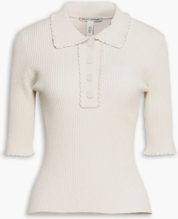 Scalloped ribbed bouclé-knit polo shirt