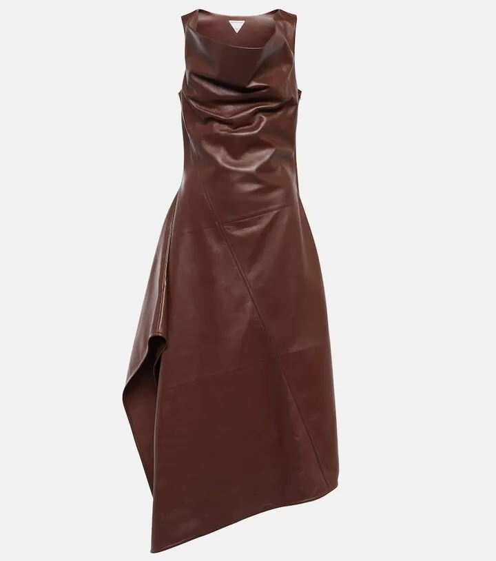 Asymmetric leather midi dress