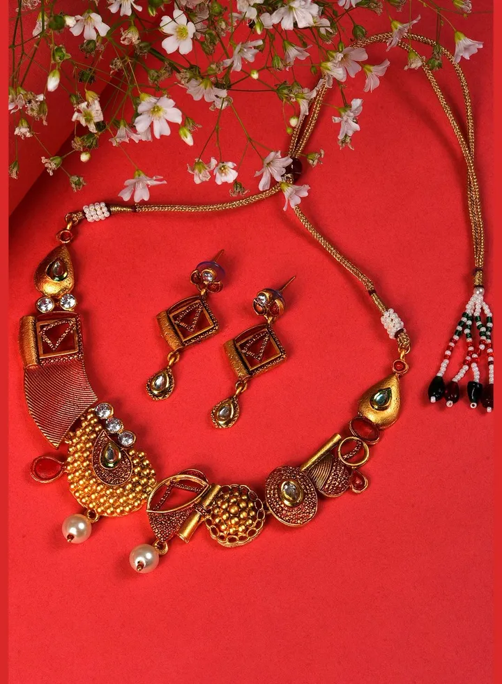 Gold Plated Designer Stone Pearl Necklace and Earrings Set