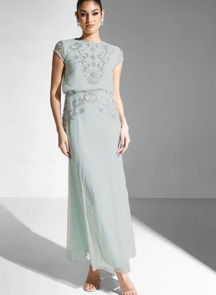Embellished Dress With Mesh Sleeves
