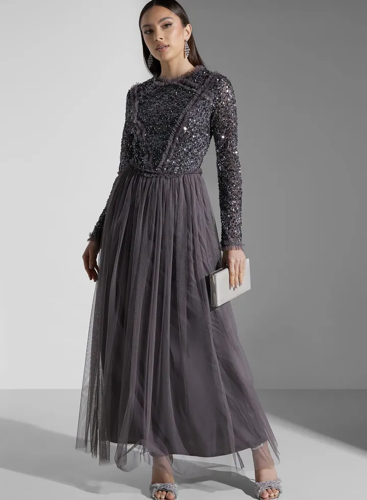 Sequin Detail Ruffle Dress