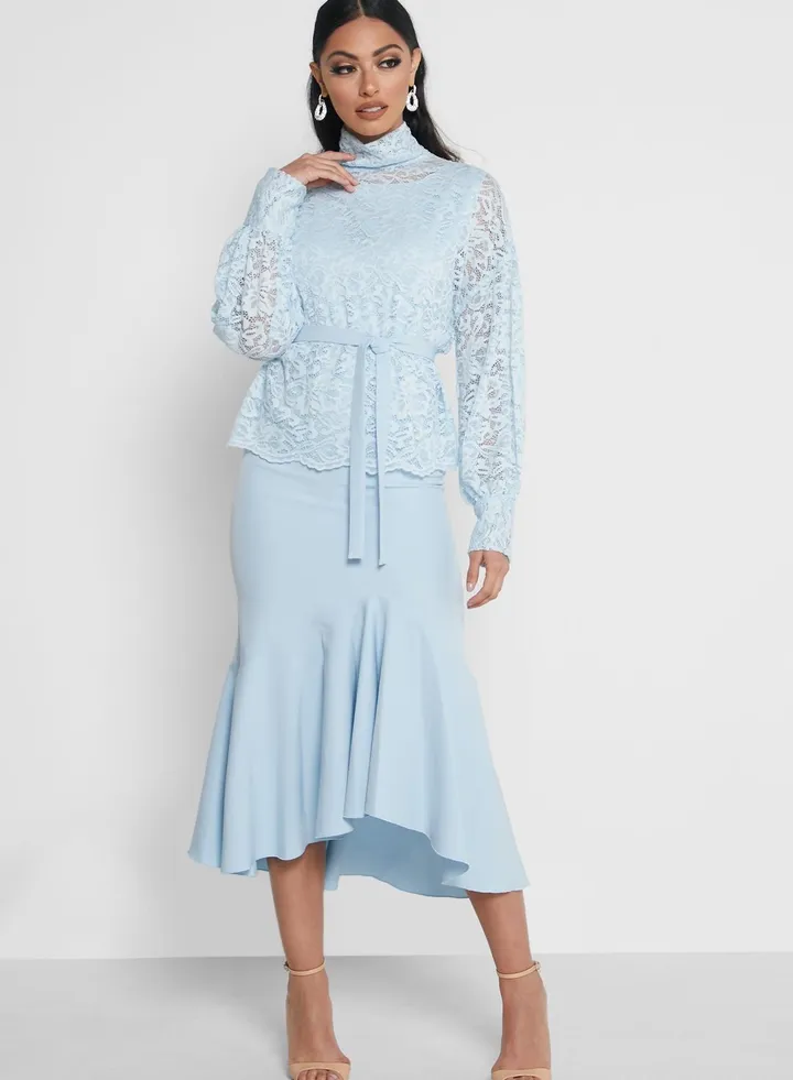 Lace Overlay Ruffle Dress