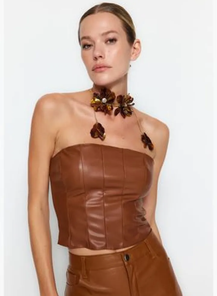 Brown Crop Faux Leather Bustier TPRAW24BS00021