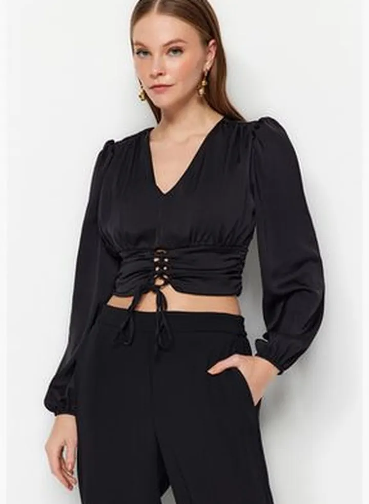 Black Woven Tie Satin Blouse TWOAW24BZ00426