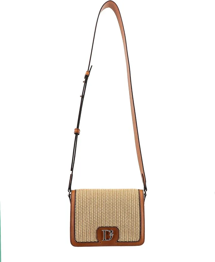 Rafia and leather shoulder bag with metal logo detail