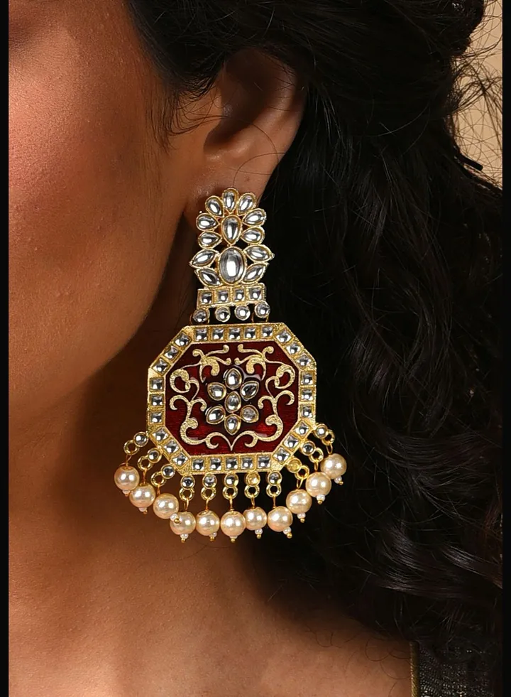 Gold Plated Kundan Pearl Drop Earring