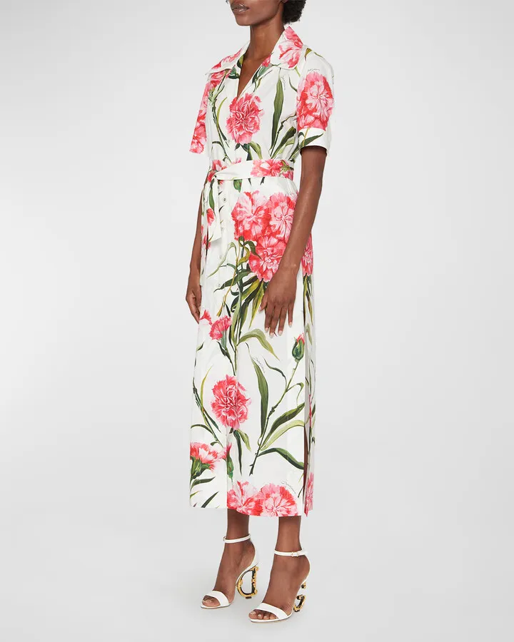 Floral-Print Belted Midi Shirtdress